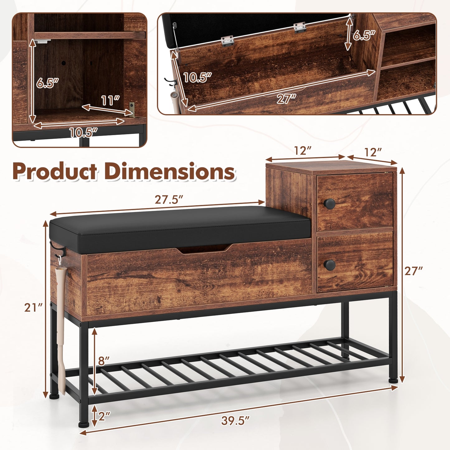 Entryway Bench with Flip Top Box and 2 Door Cabinets for Entryway, Rustic Brown Shoe Racks & Storage Benches at Gallery Canada