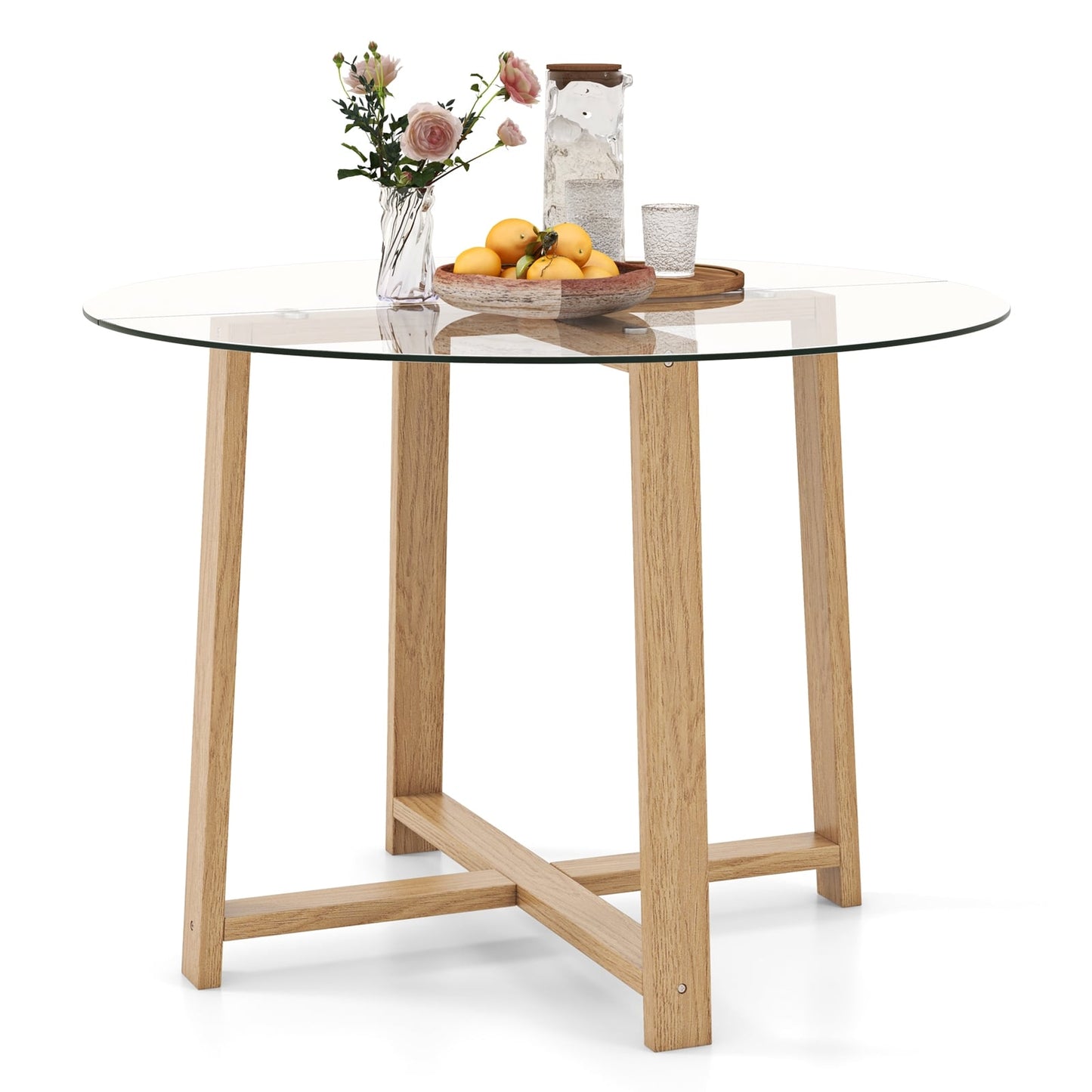 42 Inches Round Glass Dining Table, Tempered Glass, Rubber Wood Legs, Natural Dining Tables at Gallery Canada