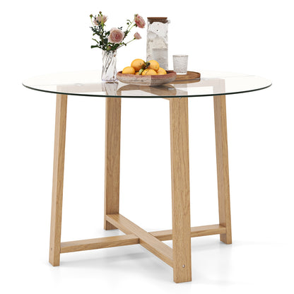 42 Inches Round Glass Dining Table, Tempered Glass, Rubber Wood Legs, Natural Dining Tables Natural at Gallery Canada