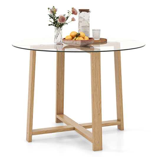 42 Inches Round Glass Dining Table, Tempered Glass, Rubber Wood Legs, Natural Dining Tables Natural at Gallery Canada