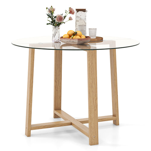 42 Inches Round Glass Dining Table, Tempered Glass, Rubber Wood Legs, Natural
