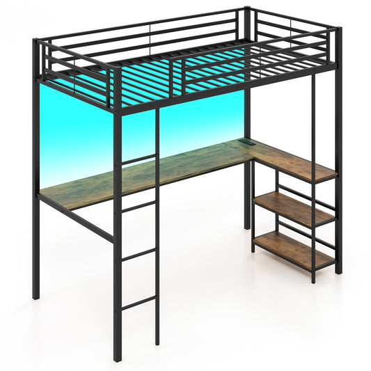 Twin Size Loft Bed With Desk, 2 Storage Shelves, Black Bunk Bed Frame Black at Gallery Canada