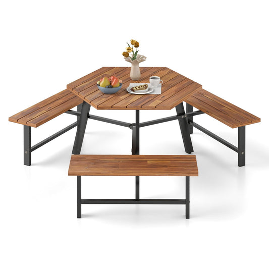 6 Person Acacia Wood Picnic Table Bench Set with 3 Seats, Brown Picnic Tables Brown at Gallery Canada