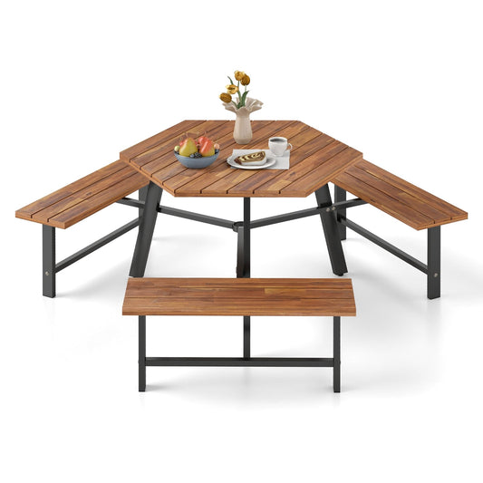 6 Person Acacia Wood Picnic Table, 3 Seats, Brown Picnic Tables Brown at Gallery Canada