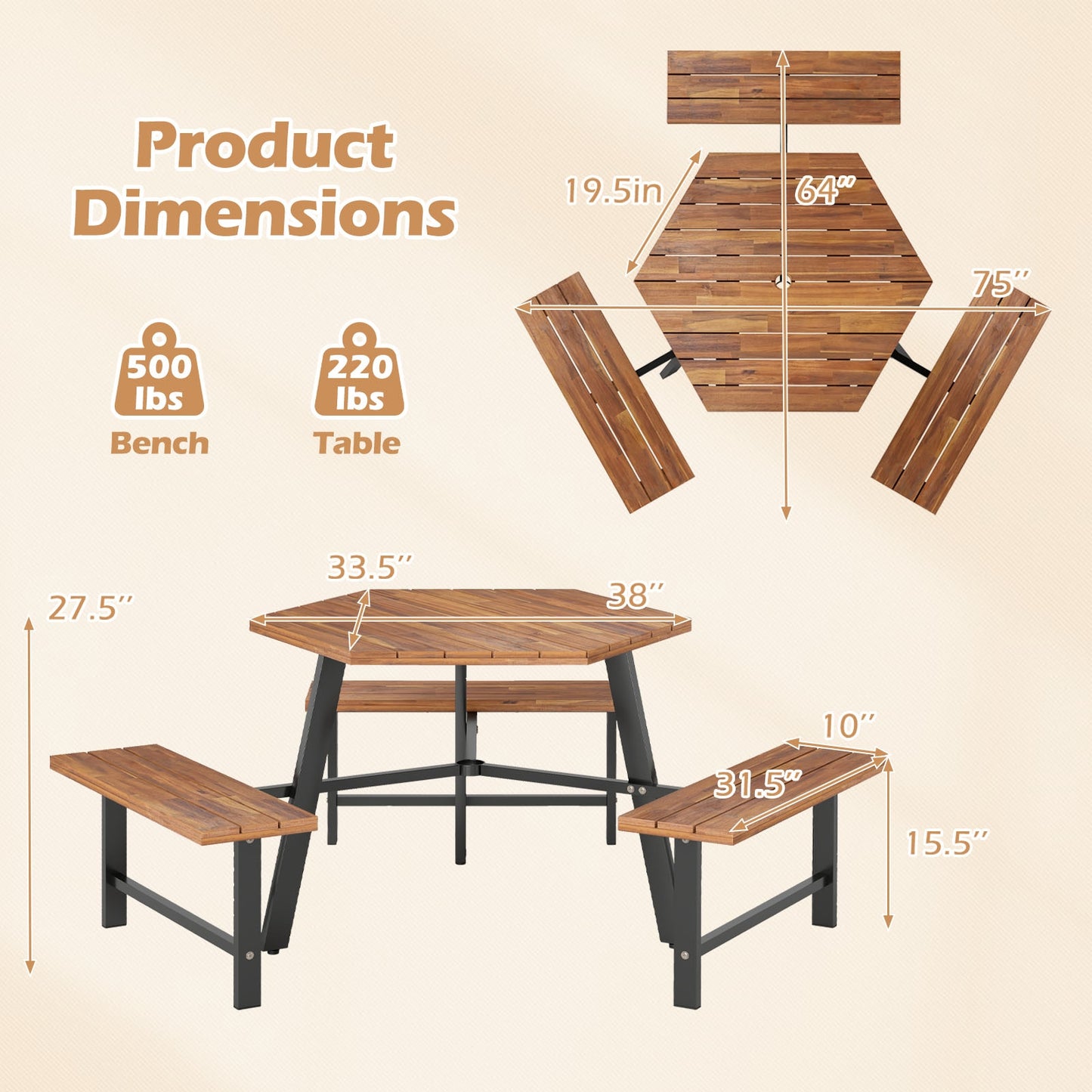 6 Person Acacia Wood Picnic Table Bench Set with 3 Seats, Brown Picnic Tables at Gallery Canada