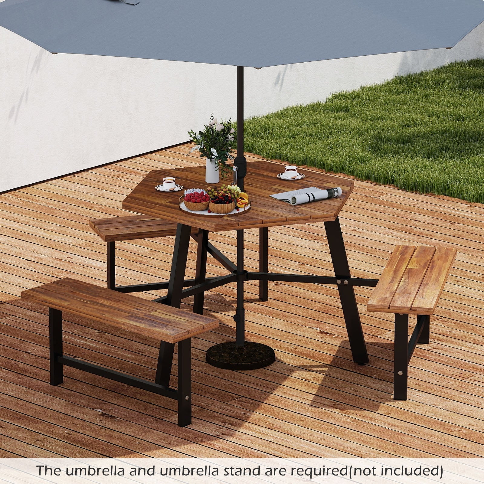 6 Person Acacia Wood Picnic Table Bench Set with 3 Seats, Brown Picnic Tables at Gallery Canada
