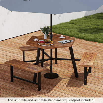 6 Person Acacia Wood Picnic Table Bench Set with 3 Seats, Brown Picnic Tables at Gallery Canada