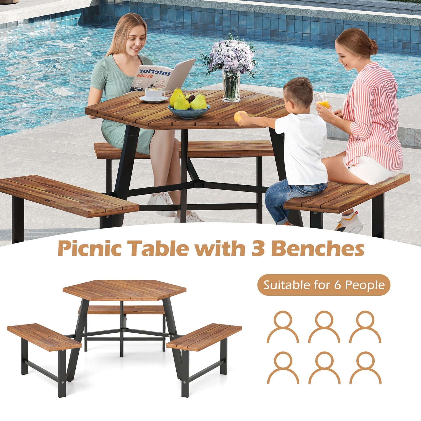 6 Person Acacia Wood Picnic Table Bench Set with 3 Seats, Brown Picnic Tables at Gallery Canada