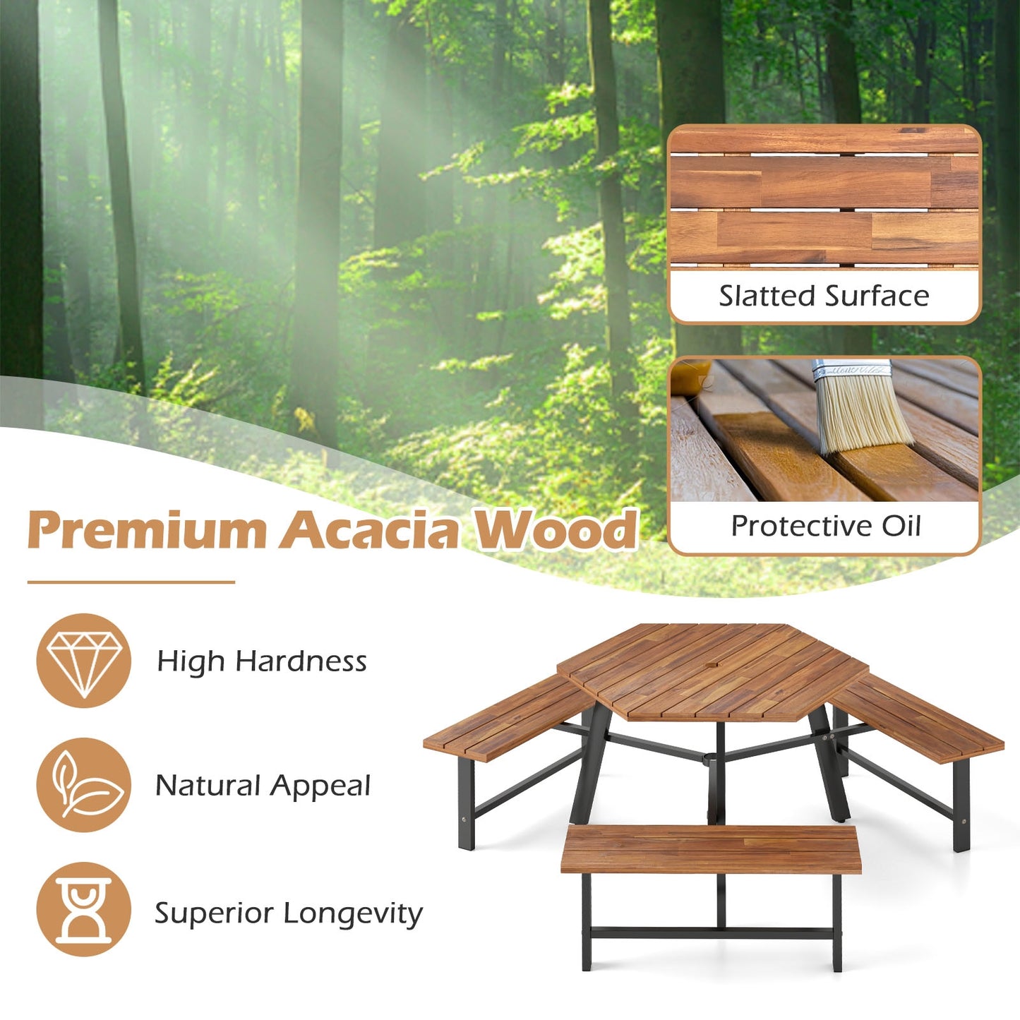 6 Person Acacia Wood Picnic Table Bench Set with 3 Seats, Brown Picnic Tables at Gallery Canada