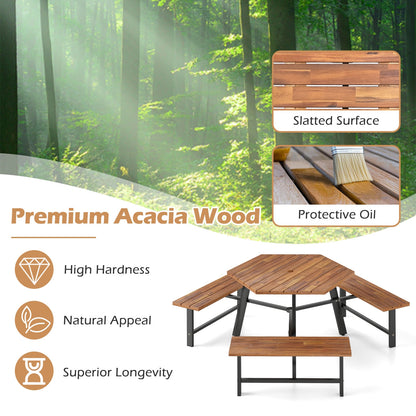 6 Person Acacia Wood Picnic Table Bench Set with 3 Seats, Brown Picnic Tables at Gallery Canada