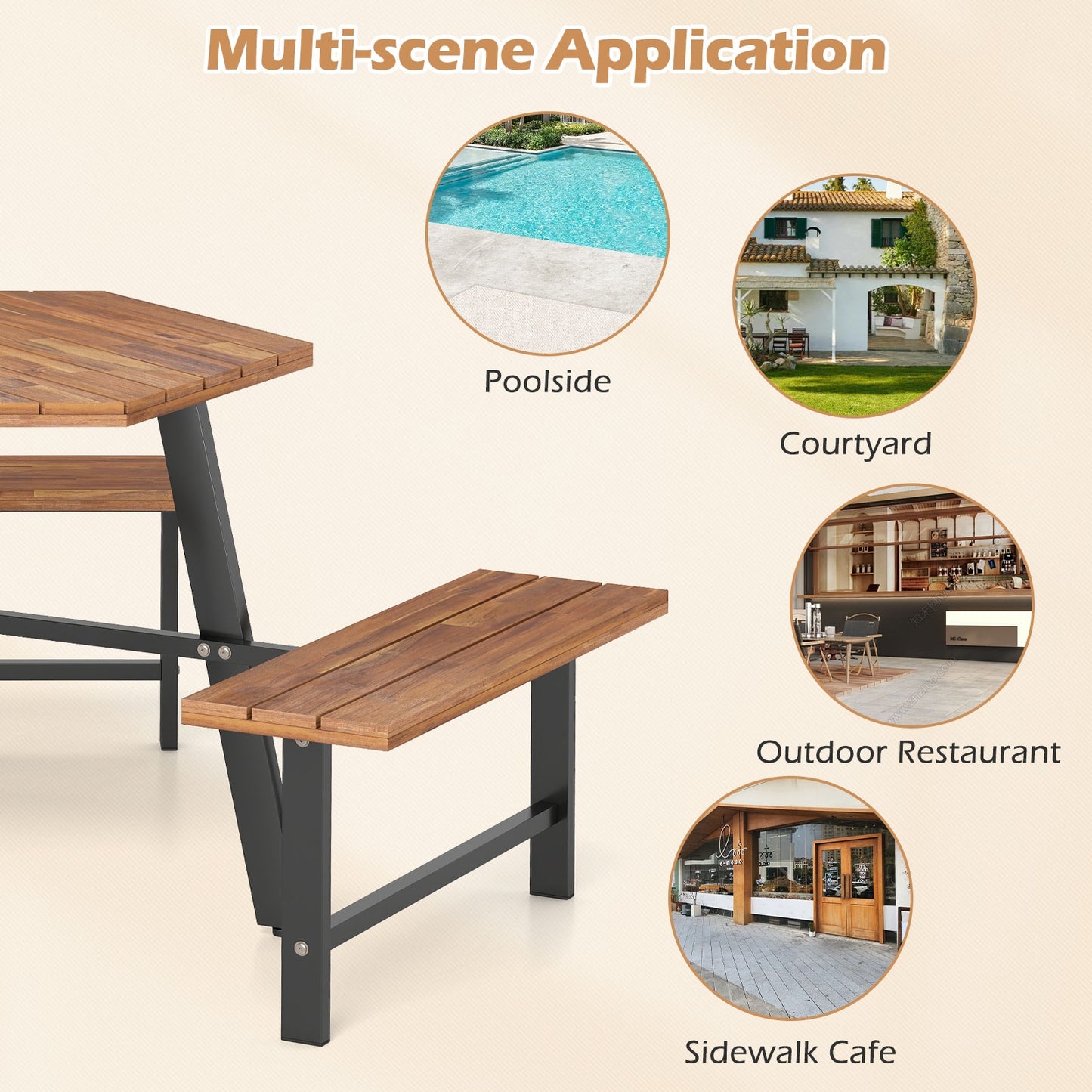 6 Person Acacia Wood Picnic Table Bench Set with 3 Seats, Brown Picnic Tables at Gallery Canada