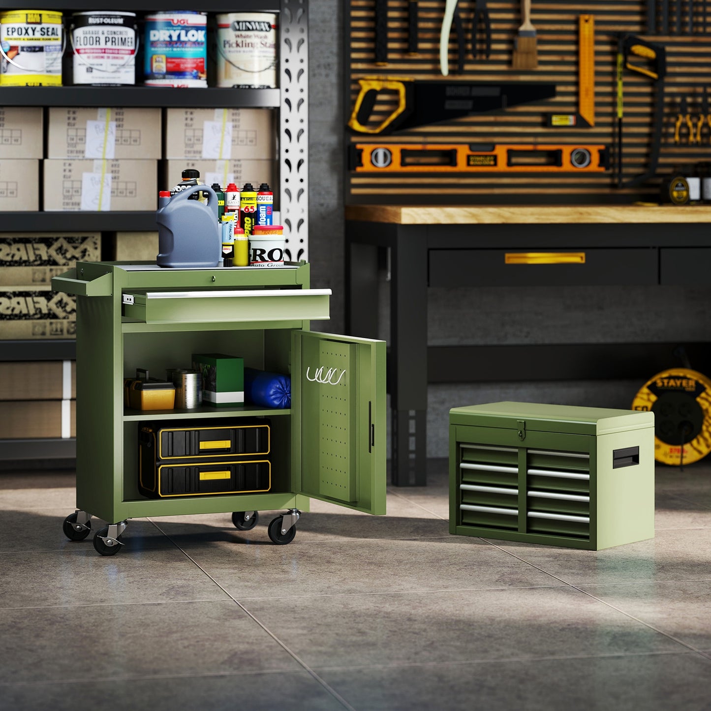 2-in-1 Rolling Tool Chest with 5 Sliding Lockable Drawers, Green Garages at Gallery Canada