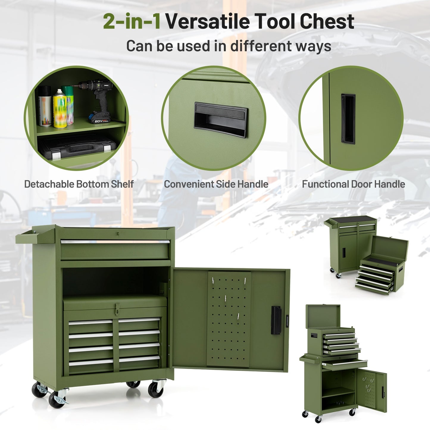 2-in-1 Rolling Tool Chest with 5 Sliding Lockable Drawers, Green Garages at Gallery Canada