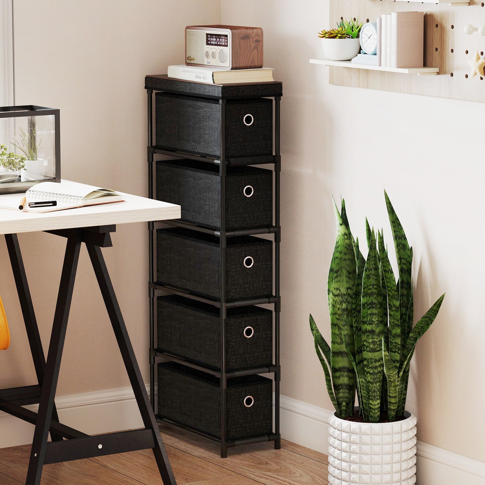 Narrow Dresser with 5 Drawers Slim Storage Tower with Metal Frame, Black Dressers & Chests at Gallery Canada