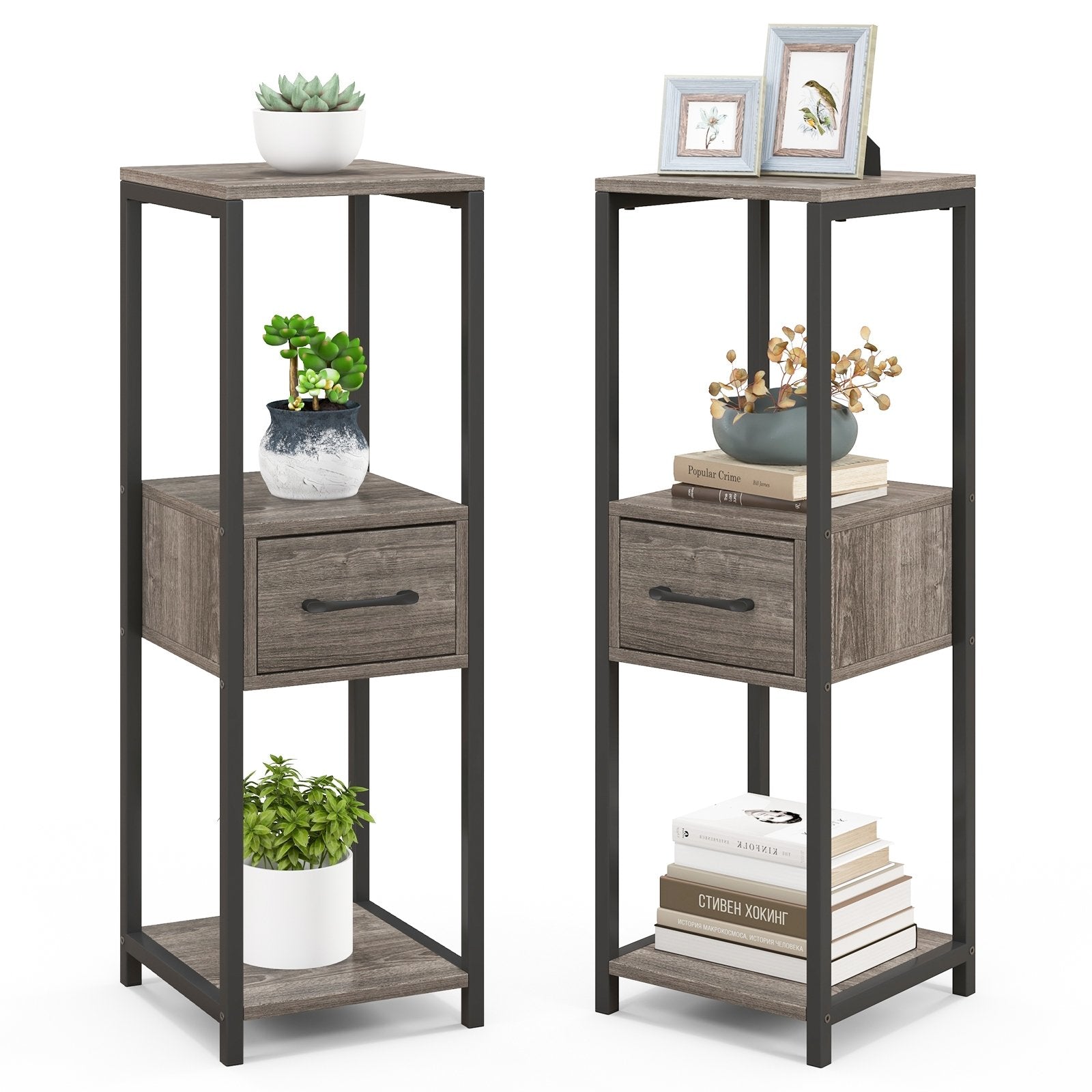 2 Pack 3 Tier Tall Metal Plant Stand with Drawer and Display Shelf, Gray Plant Stands at Gallery Canada