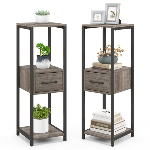 2 Pack 3 Tier Tall Metal Plant Stand with Drawer and Display Shelf, Gray