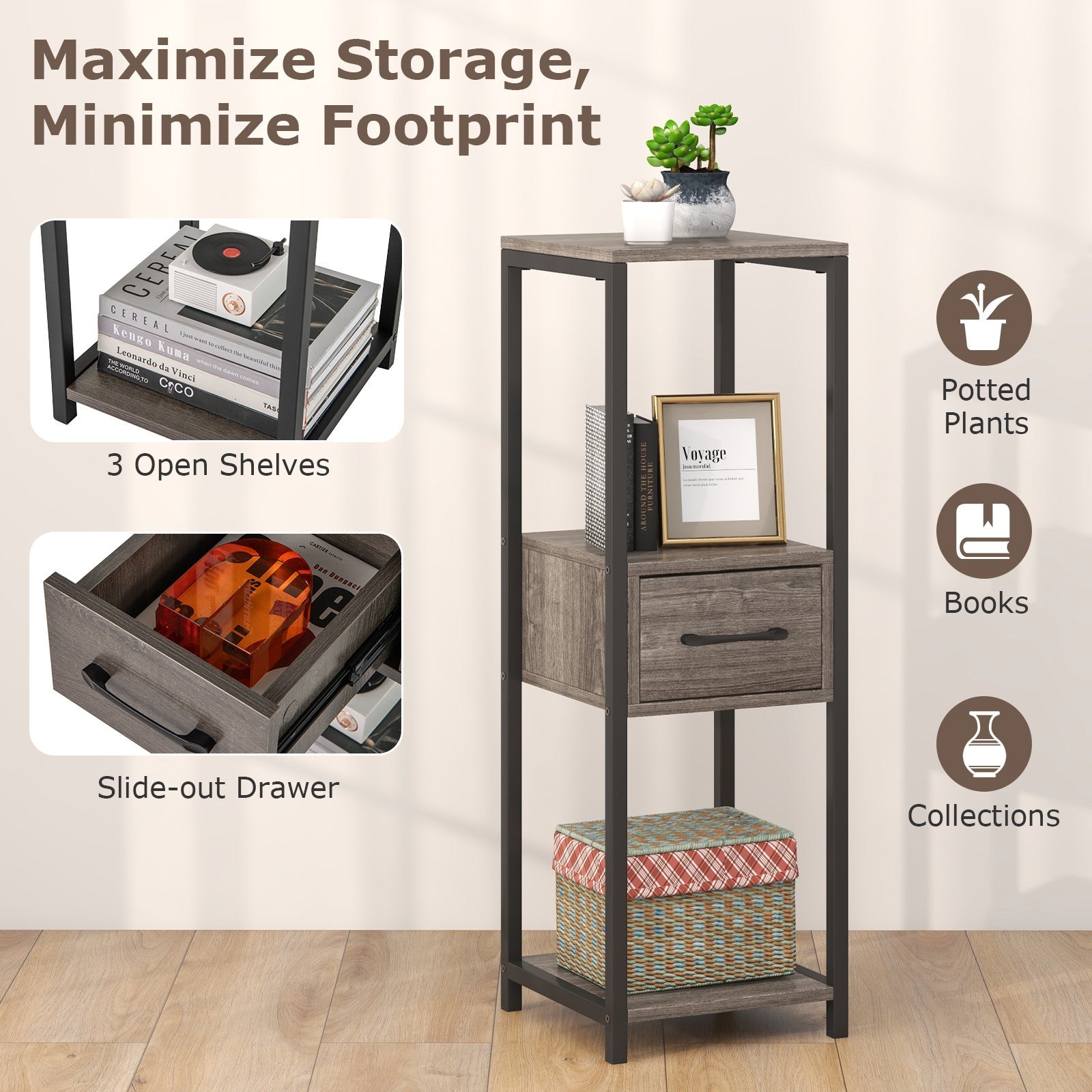 2 Pack 3 Tier Tall Metal Plant Stand with Drawer and Display Shelf, Gray Plant Stands at Gallery Canada