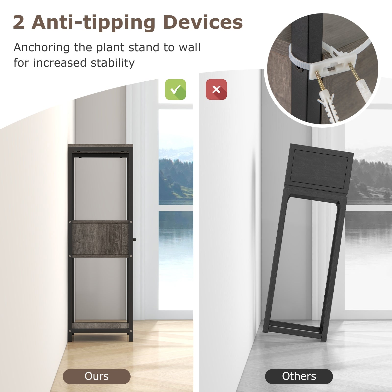 2 Pack 3 Tier Tall Metal Plant Stand with Drawer and Display Shelf, Gray Plant Stands at Gallery Canada