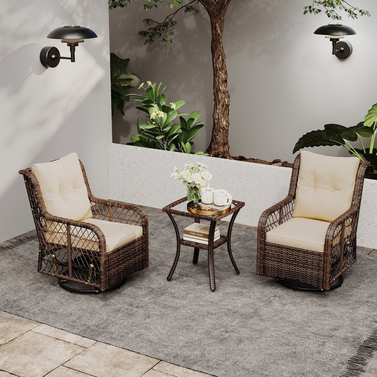 3 Pieces Patio Furniture Set PE Wicker Swivel Glider Chairs with 2-Tier Side Table and Cushions, Brown Patio Conversation Sets at Gallery Canada