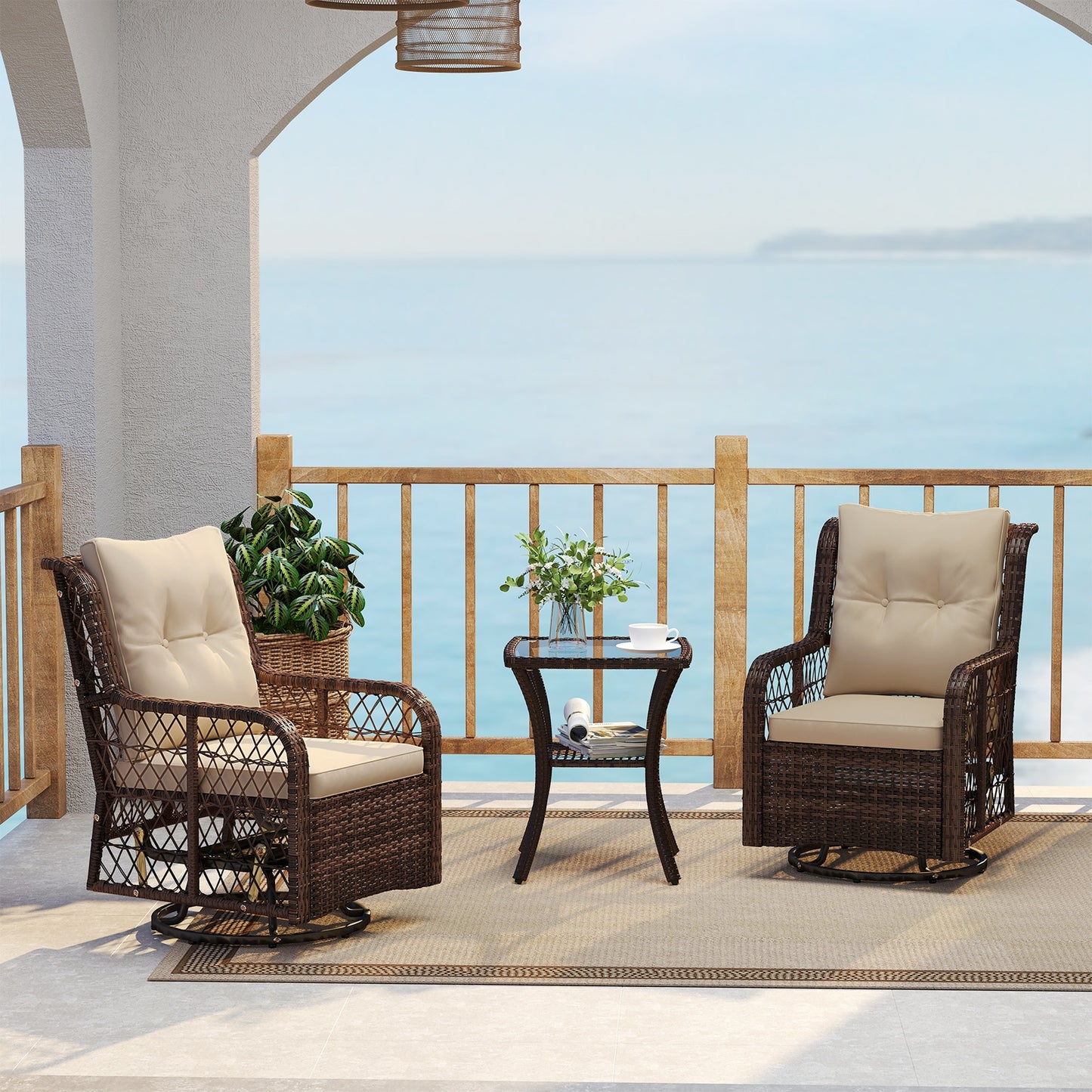 3 Pieces Patio Furniture Set PE Wicker Swivel Glider Chairs with 2-Tier Side Table and Cushions, Brown Patio Conversation Sets at Gallery Canada
