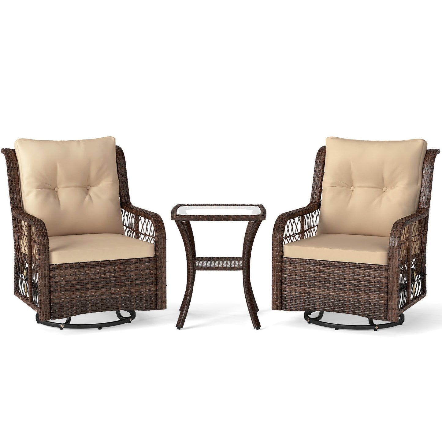 3 Pieces Patio Furniture Set PE Wicker Swivel Glider Chairs with 2-Tier Side Table and Cushions, Brown Patio Conversation Sets at Gallery Canada