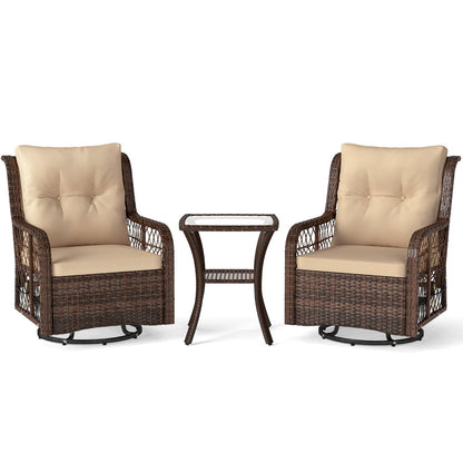 3 Pieces Patio Furniture Set PE Wicker Swivel Glider Chairs with 2-Tier Side Table and Cushions, Brown Patio Conversation Sets at Gallery Canada