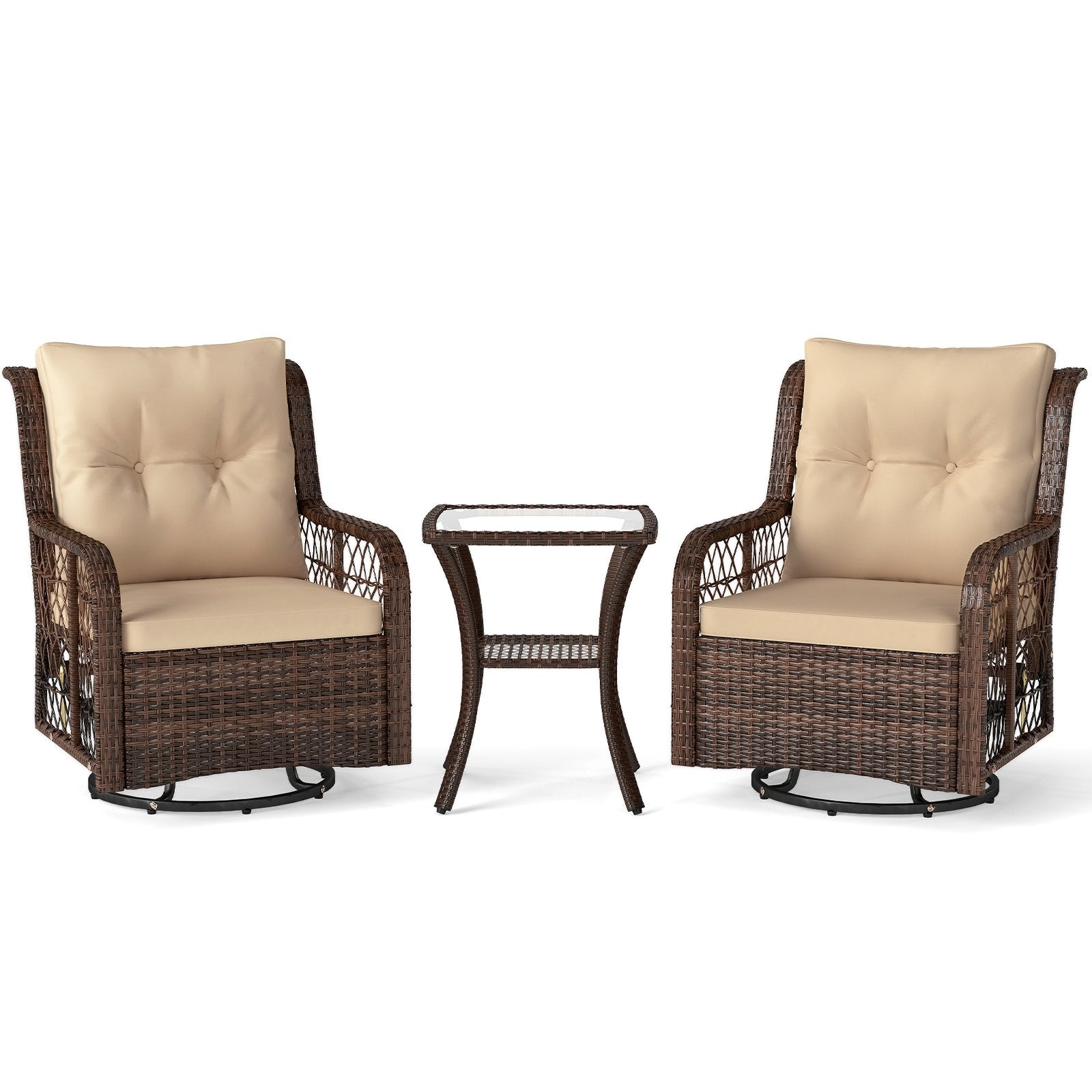 3 Pieces Patio Furniture Set PE Wicker Swivel Glider Chairs with 2-Tier Side Table and Cushions, Brown Patio Conversation Sets Brown at Gallery Canada