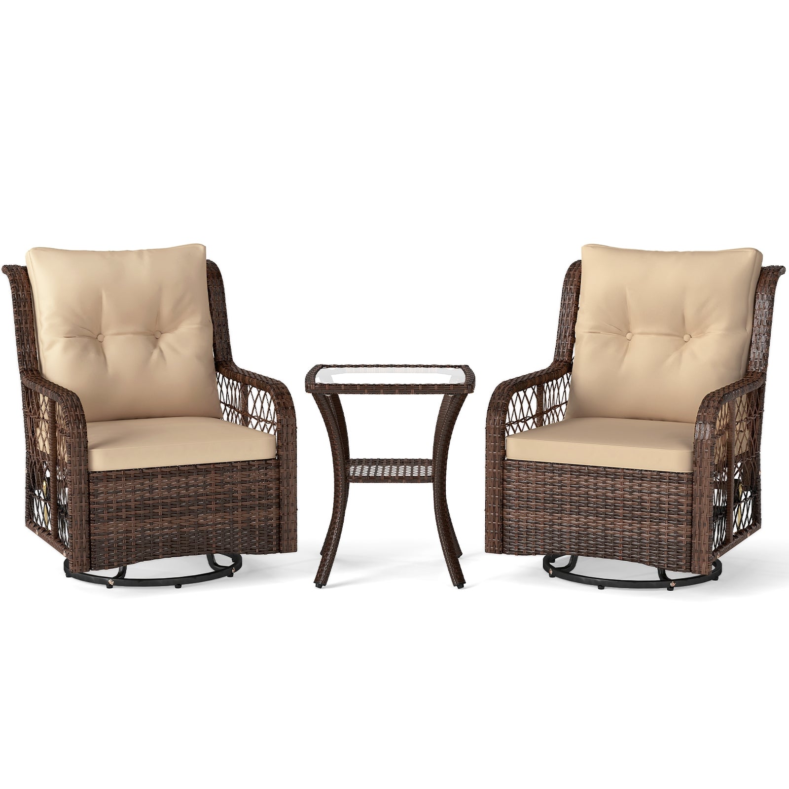 3-Piece Patio Furniture Set, Swivel Glider Chairs, 2-Tier Side Table, Brown Patio Conversation Sets at Gallery Canada