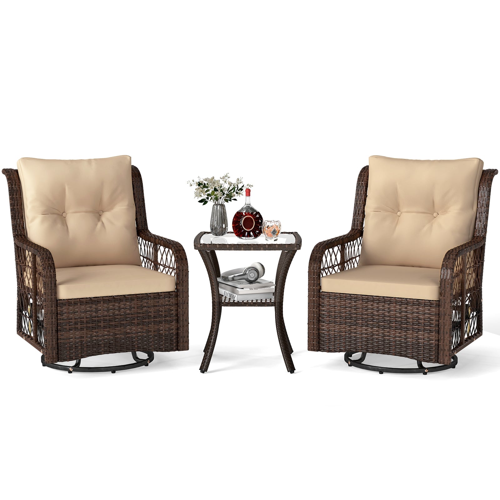 3 Pieces Patio Furniture Set PE Wicker Swivel Glider Chairs with 2-Tier Side Table and Cushions, Brown Patio Conversation Sets at Gallery Canada
