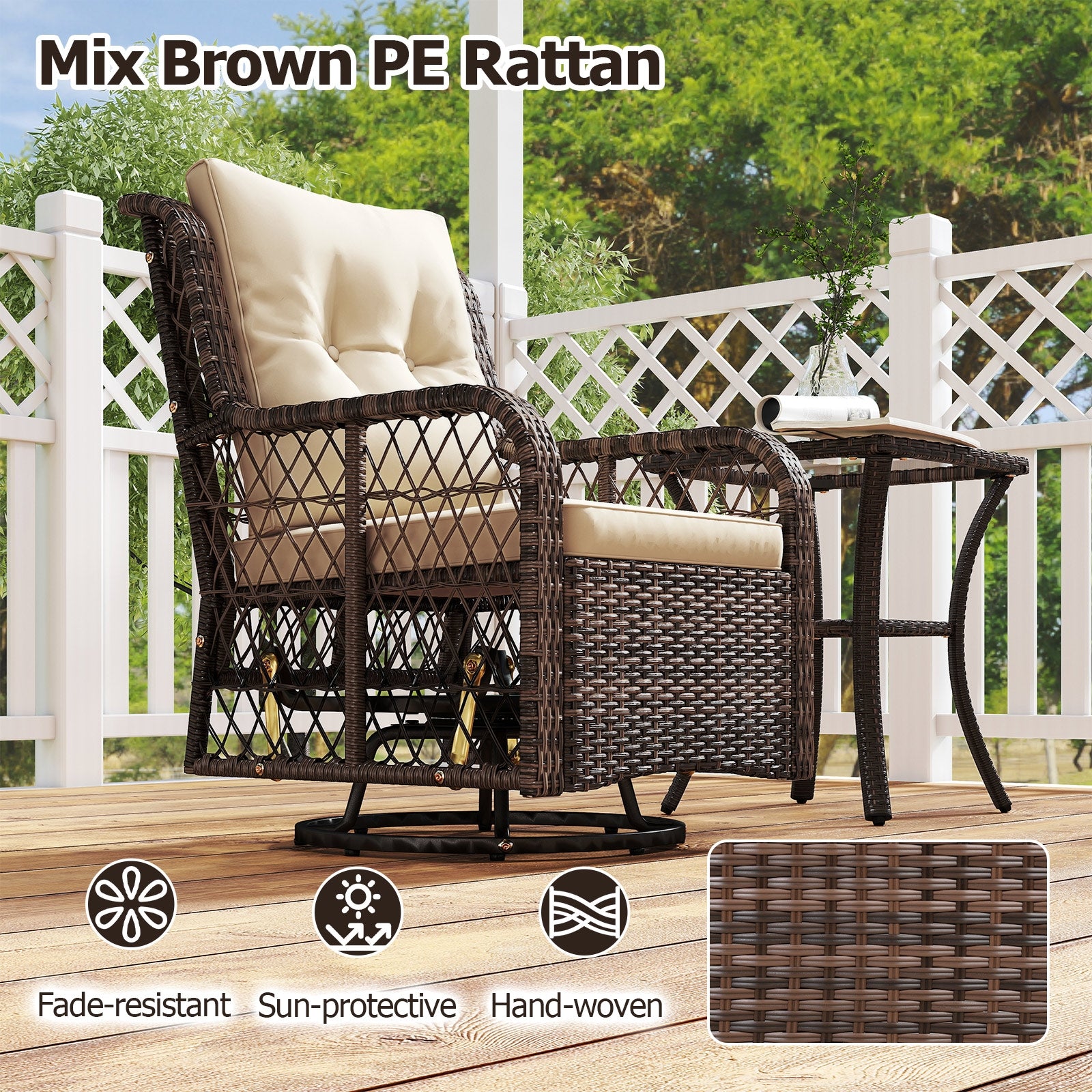 3 Pieces Patio Furniture Set PE Wicker Swivel Glider Chairs with 2-Tier Side Table and Cushions, Brown Patio Conversation Sets at Gallery Canada