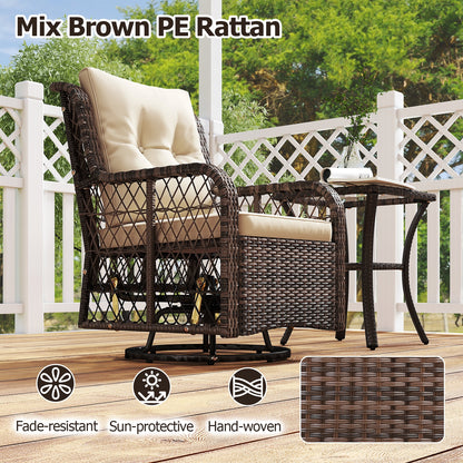 3 Pieces Patio Furniture Set PE Wicker Swivel Glider Chairs with 2-Tier Side Table and Cushions, Brown Patio Conversation Sets at Gallery Canada