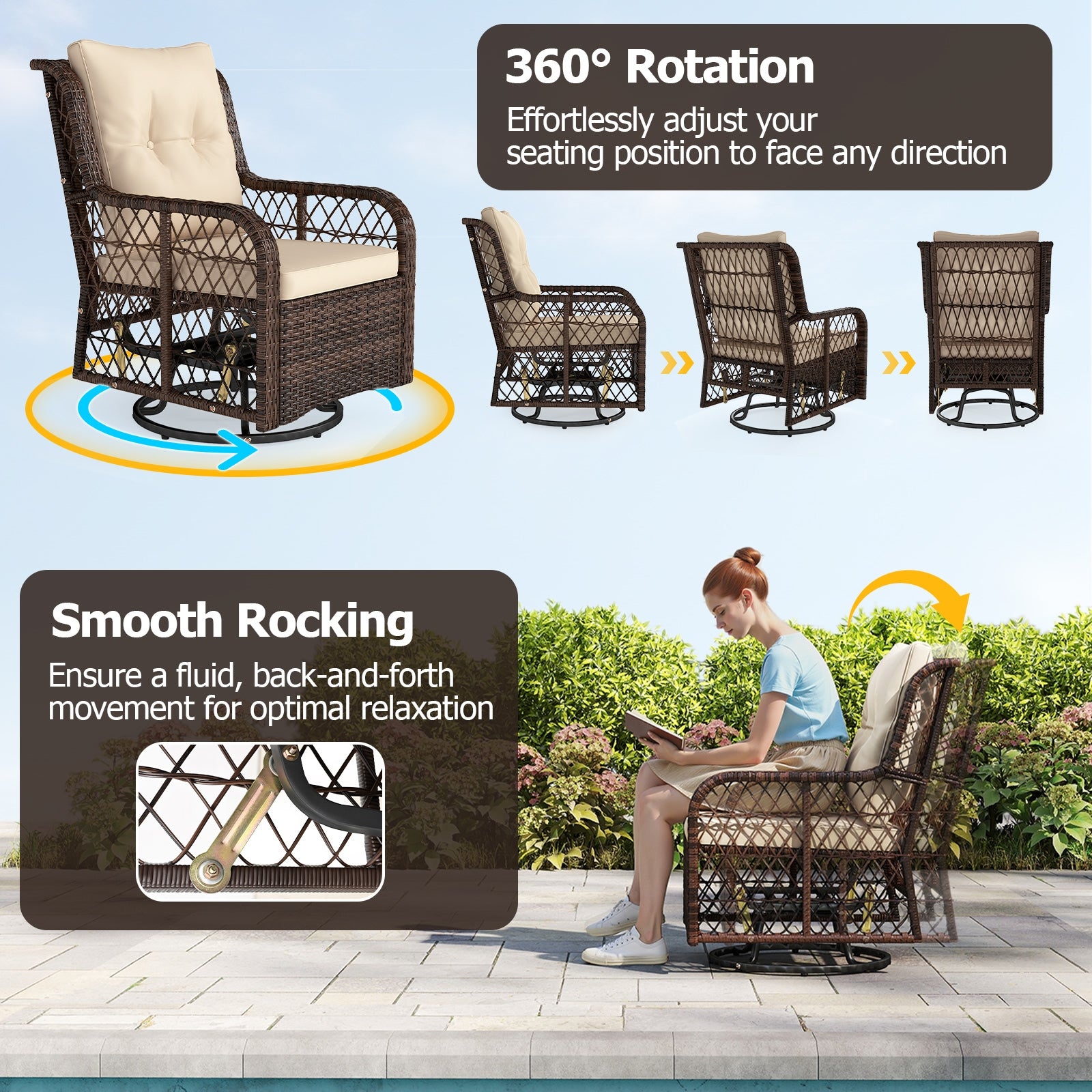 3 Pieces Patio Furniture Set PE Wicker Swivel Glider Chairs with 2-Tier Side Table and Cushions, Brown Patio Conversation Sets at Gallery Canada