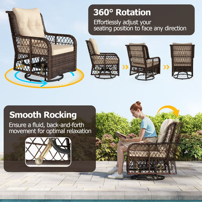 3 Pieces Patio Furniture Set PE Wicker Swivel Glider Chairs with 2-Tier Side Table and Cushions, Brown Patio Conversation Sets at Gallery Canada