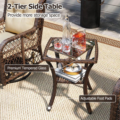 3 Pieces Patio Furniture Set PE Wicker Swivel Glider Chairs with 2-Tier Side Table and Cushions, Brown Patio Conversation Sets at Gallery Canada