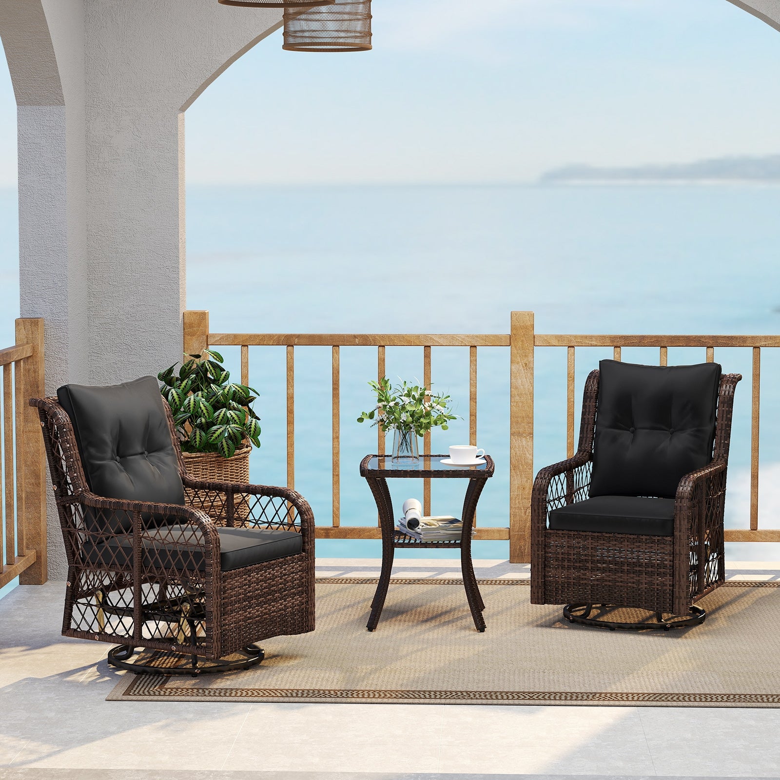 3 Pieces Patio Furniture Set PE Wicker Swivel Glider Chairs with 2-Tier Side Table and Cushions, Black Patio Conversation Sets at Gallery Canada