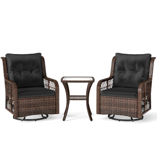 3 Pieces Patio Furniture Set PE Wicker Swivel Glider Chairs with 2-Tier Side Table and Cushions, Black