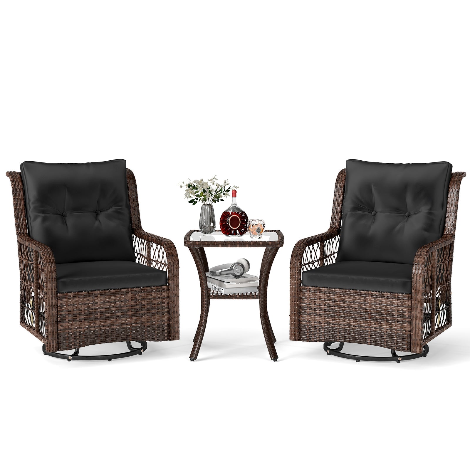 3 Pieces Patio Furniture Set PE Wicker Swivel Glider Chairs with 2-Tier Side Table and Cushions, Black Patio Conversation Sets at Gallery Canada