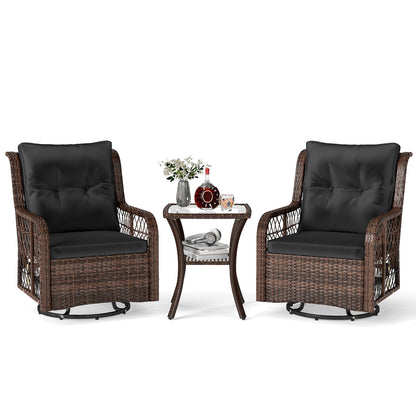 3 Pieces Patio Furniture Set PE Wicker Swivel Glider Chairs with 2-Tier Side Table and Cushions, Black Patio Conversation Sets at Gallery Canada