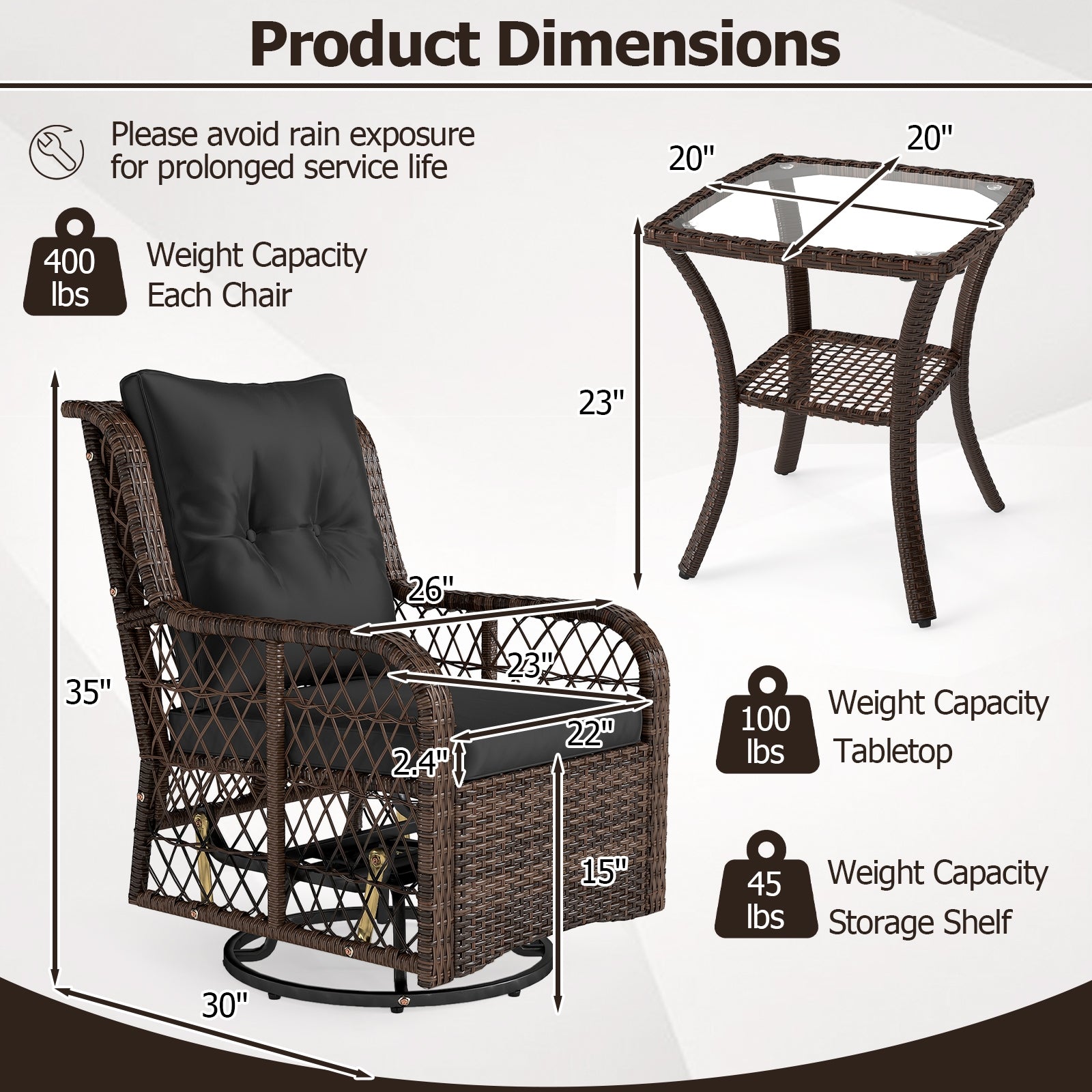 3 Pieces Patio Furniture Set PE Wicker Swivel Glider Chairs with 2-Tier Side Table and Cushions, Black Patio Conversation Sets at Gallery Canada