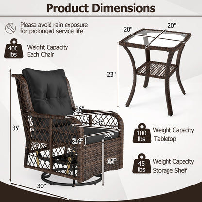 3 Pieces Patio Furniture Set PE Wicker Swivel Glider Chairs with 2-Tier Side Table and Cushions, Black Patio Conversation Sets at Gallery Canada