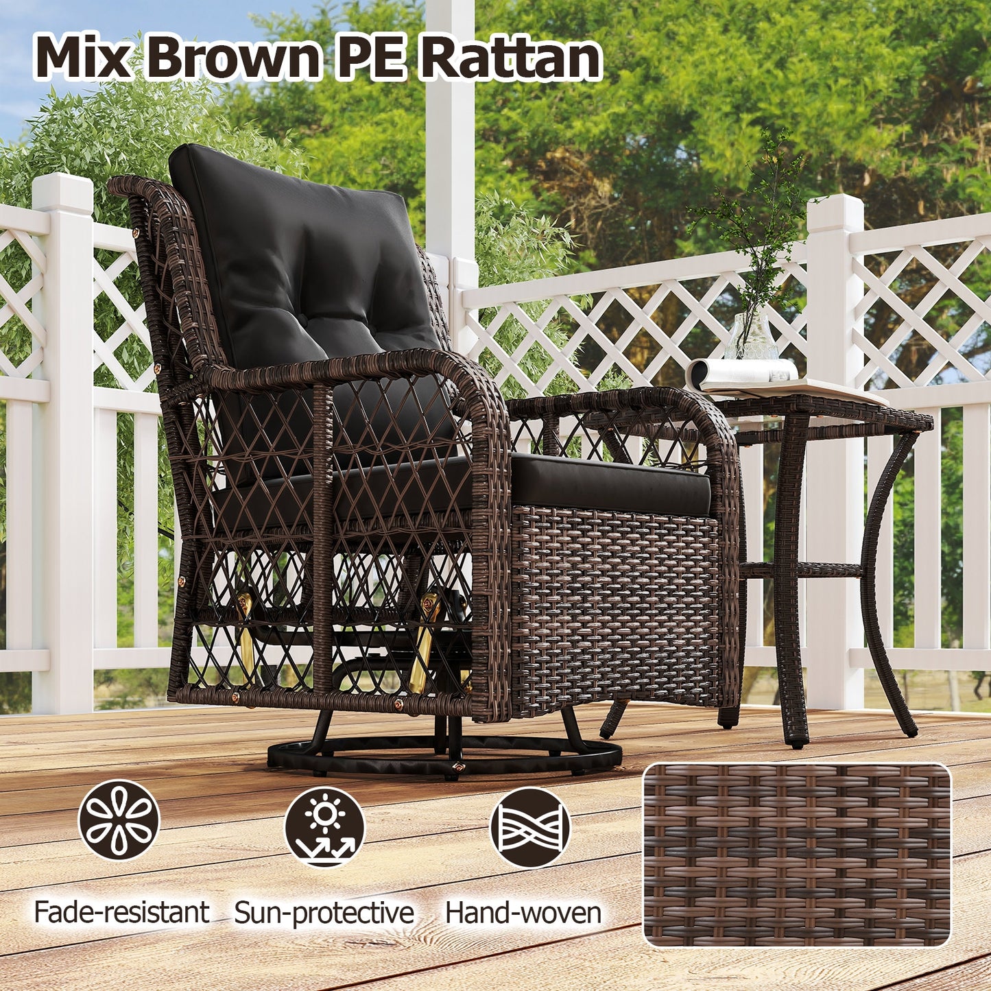 3 Pieces Patio Furniture Set PE Wicker Swivel Glider Chairs with 2-Tier Side Table and Cushions, Black Patio Conversation Sets at Gallery Canada