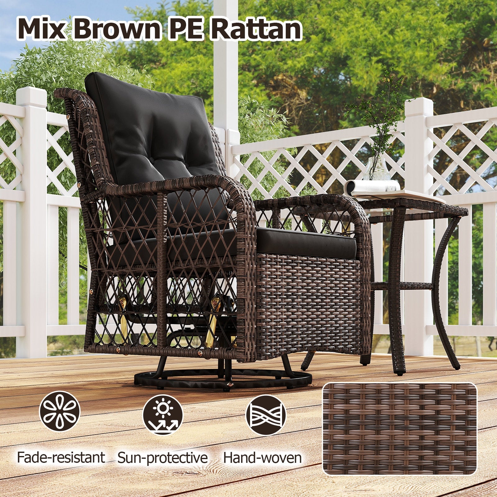 3 Pieces Patio Furniture Set PE Wicker Swivel Glider Chairs with 2-Tier Side Table and Cushions, Black Patio Conversation Sets at Gallery Canada