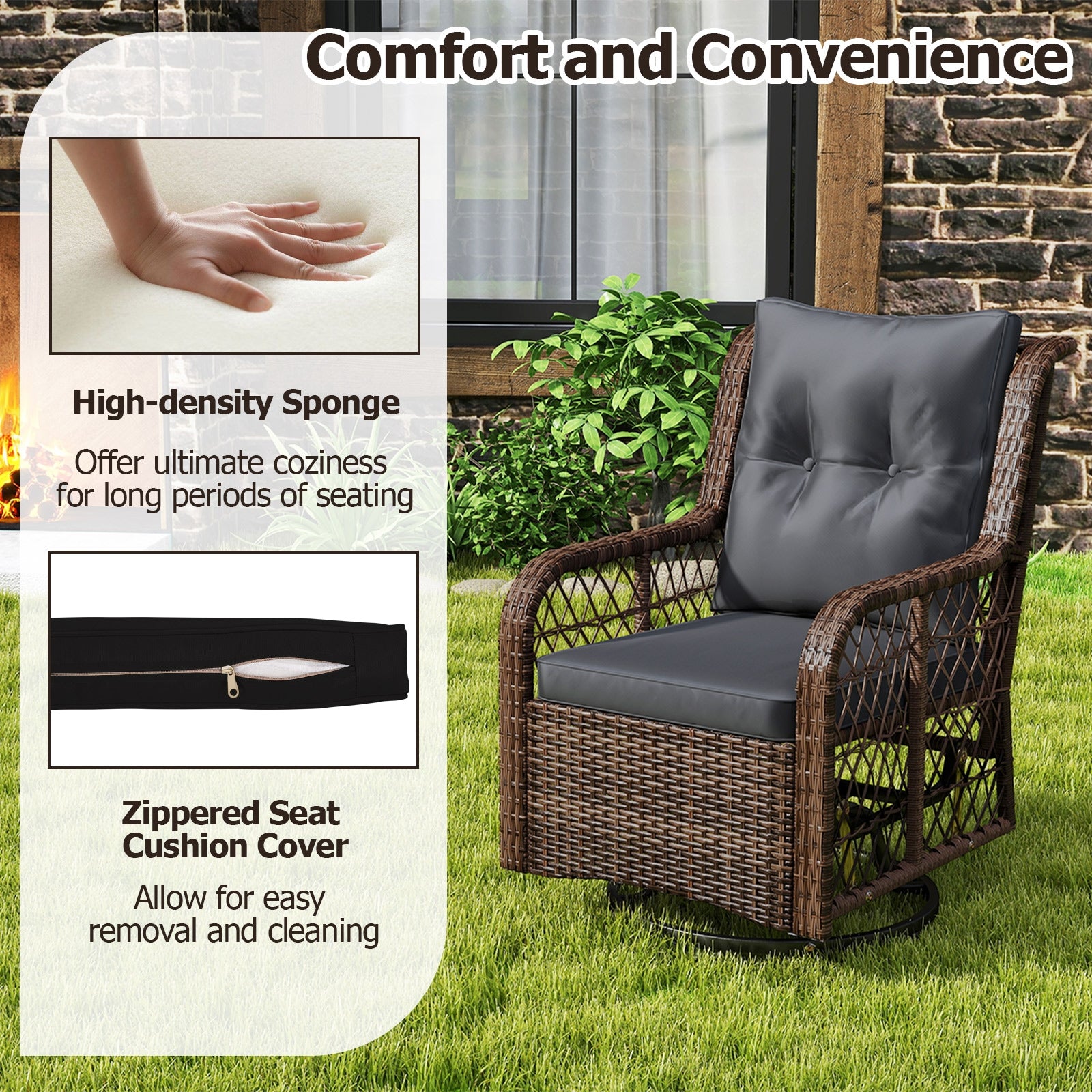 3 Pieces Patio Furniture Set PE Wicker Swivel Glider Chairs with 2-Tier Side Table and Cushions, Black Patio Conversation Sets at Gallery Canada