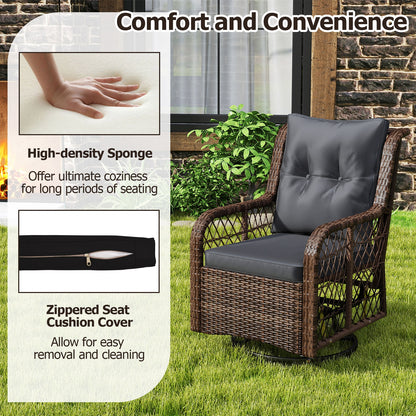 3 Pieces Patio Furniture Set PE Wicker Swivel Glider Chairs with 2-Tier Side Table and Cushions, Black Patio Conversation Sets at Gallery Canada