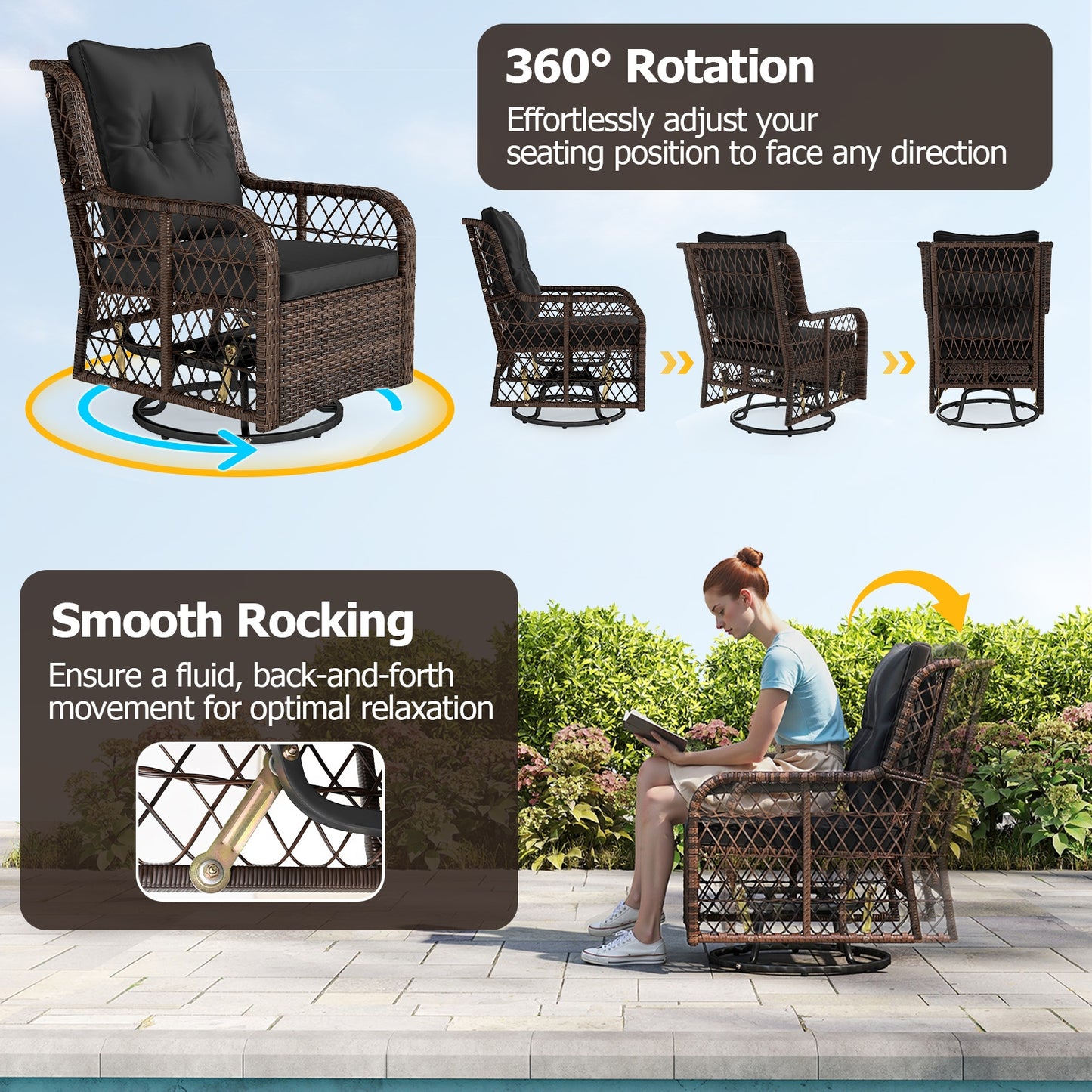 3 Pieces Patio Furniture Set PE Wicker Swivel Glider Chairs with 2-Tier Side Table and Cushions, Black Patio Conversation Sets at Gallery Canada