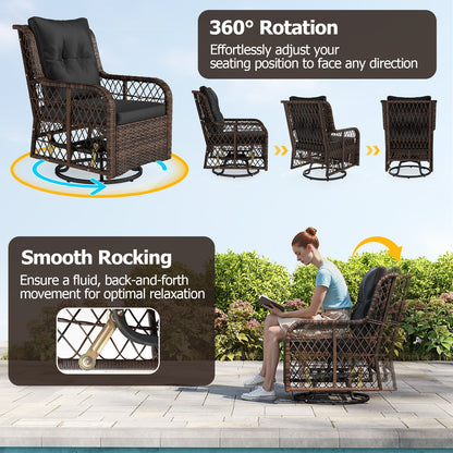 3 Pieces Patio Furniture Set PE Wicker Swivel Glider Chairs with 2-Tier Side Table and Cushions, Black Patio Conversation Sets at Gallery Canada