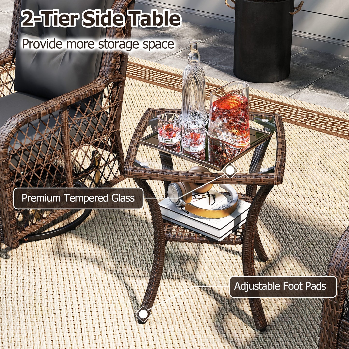 3 Pieces Patio Furniture Set PE Wicker Swivel Glider Chairs with 2-Tier Side Table and Cushions, Black Patio Conversation Sets at Gallery Canada