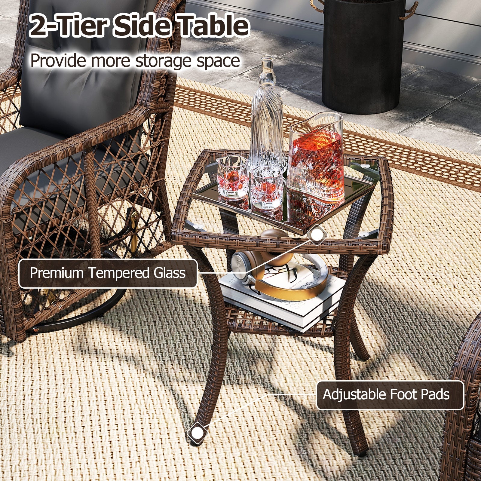 3 Pieces Patio Furniture Set PE Wicker Swivel Glider Chairs with 2-Tier Side Table and Cushions, Black Patio Conversation Sets at Gallery Canada