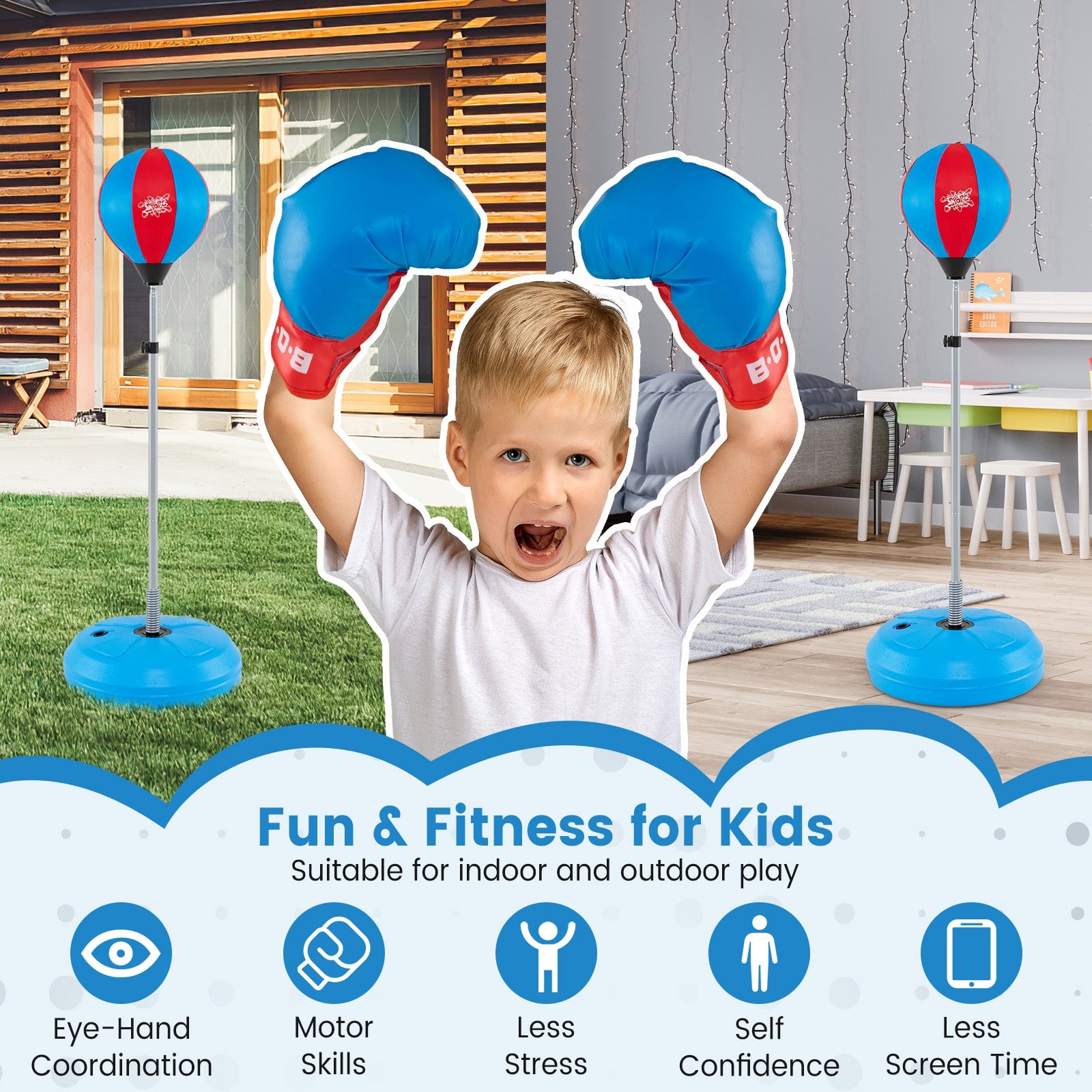 Adjustable Punching Bag with Stand and Boxing Gloves for Both Adults and Kids, Blue Boxing & Martial Arts at Gallery Canada