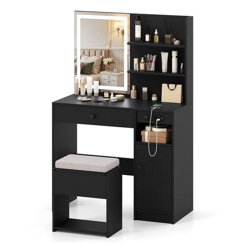 Vanity Desk with Mirror and Lights, Black